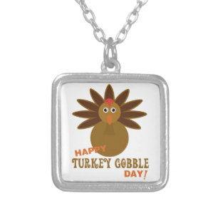 Happy Turkey Gobble Day Thanksgiving Silver Plated Necklace