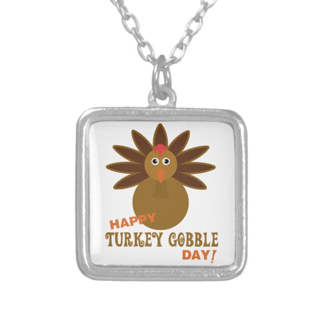 Happy Turkey Gobble Day Thanksgiving Silver Plated Necklace (Front)
