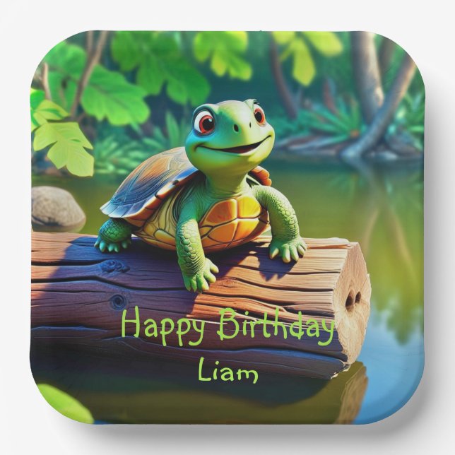 Happy Turtle Birthday Paper Plates (Front)