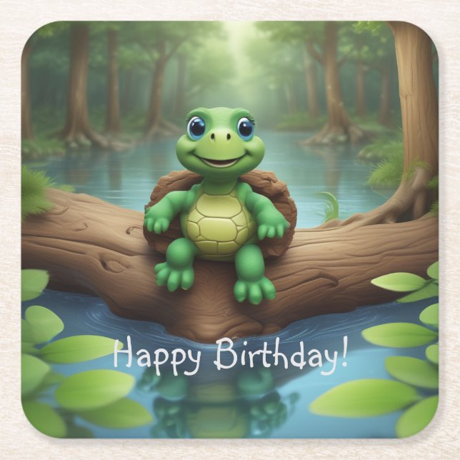 Happy Turtle Birthday Square Paper Coaster (Front)