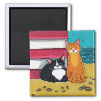 Happy Tuxedo And Tabby Cat On The Beach Magnet by LisaMarieArt at Zazzle
