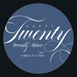 Happy Twenty Twenty Three Blue White Hanukkah Classic Round Sticker<br><div class="desc">These classy Hanukkah holiday round stickers feature the words,  “Happy twenty twenty-three” with placeholders for your favorite photo,  personal greeting,  year and name,  in blue and white.</div>