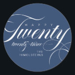 Happy Twenty Twenty Three Blue White Hanukkah Classic Round Sticker<br><div class="desc">These classy Hanukkah holiday round stickers feature the words,  “Happy twenty twenty-three” with placeholders for your favorite photo,  personal greeting,  year and name,  in blue and white.</div>