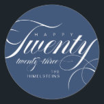 Happy Twenty Twenty Three Blue White Hanukkah Classic Round Sticker<br><div class="desc">These classy Hanukkah holiday round stickers feature the words,  “Happy twenty twenty-three” with placeholders for your favorite photo,  personal greeting,  year and name,  in blue and white.</div>