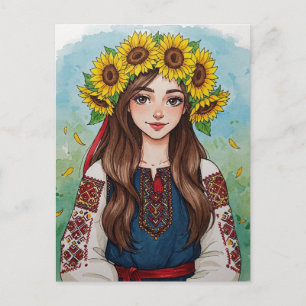 Happy Ukrainian Girl Sunflower Wreath Postcard