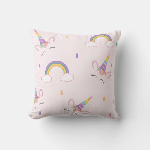 Happy Unicorn and rainbows Throw Pillow