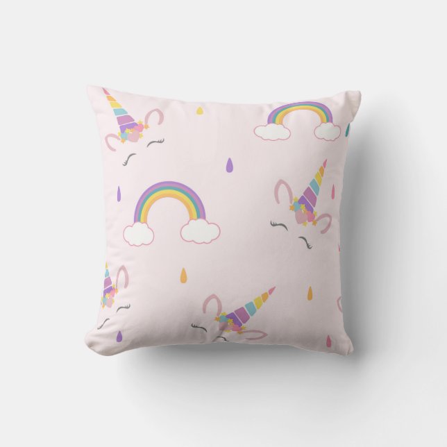 Happy Unicorn and rainbows Throw Pillow (Front)