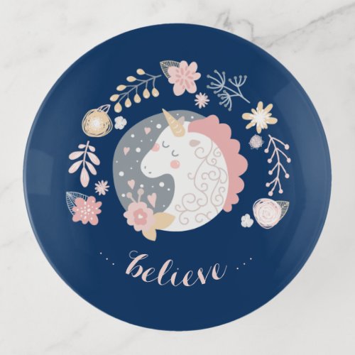 Happy Unicorn Believe Personalized Navy Blue Trinket Tray