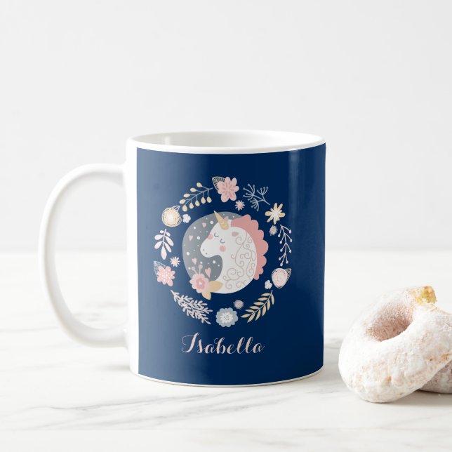 Happy Unicorn Cute Personalized Navy Coffee Mug (With Donut)