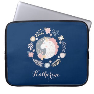 Happy Unicorn Cute Personalized Navy Laptop Sleeve