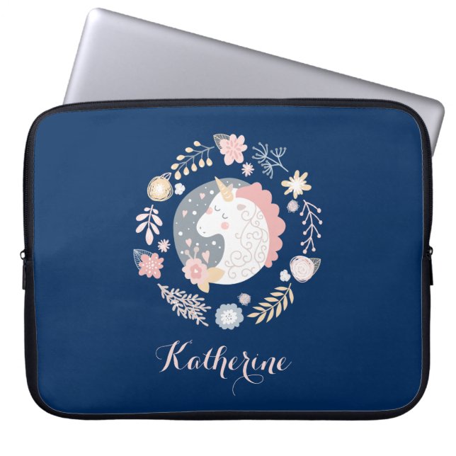 Happy Unicorn Cute Personalized Navy Laptop Sleeve (Front)