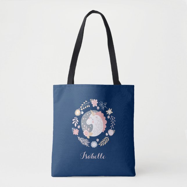 Happy Unicorn Cute Personalized Navy Tote Bag (Front)