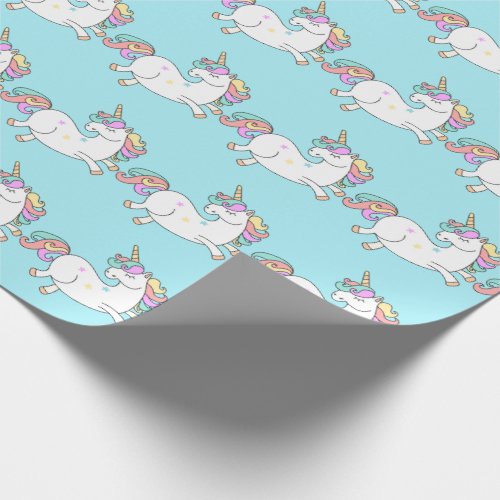 Happy Unicorn Horn Pink Sweet Stars Baby Blue Wrapping Paper
