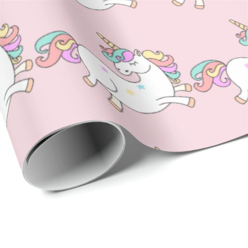 Happy Unicorn Horn Pink Sweet Stars Baby Girly Wrapping Paper