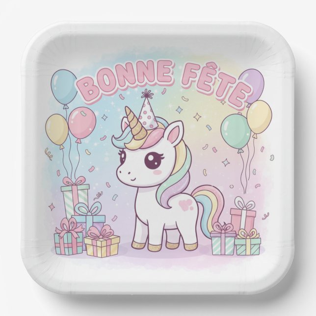 happy unicorn party paper plates (Front)
