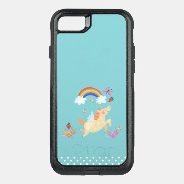 Happy Unicorn with Rainbow Clouds and Flowers Otterbox iPhone Case (Back)