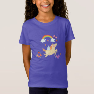 Happy Unicorn with Rainbow Clouds and Flowers T-Shirt