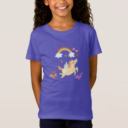 Happy Unicorn with Rainbow Clouds and Flowers T_Shirt