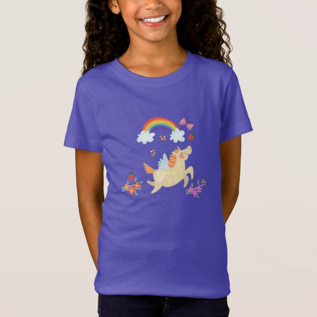 Happy Unicorn with Rainbow Clouds and Flowers T-Shirt (Front)