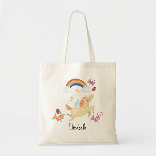 Happy Unicorn with Rainbow Clouds and Flowers Tote Bag