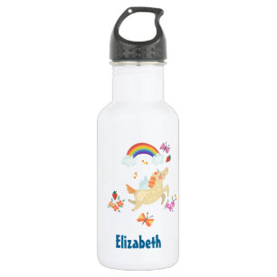 Happy Unicorn with Rainbow Clouds and Flowers Water Bottle