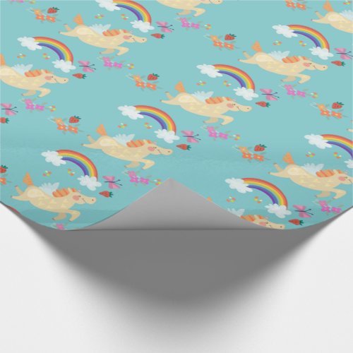 Happy Unicorn with Rainbow Clouds and Flowers Wrapping Paper