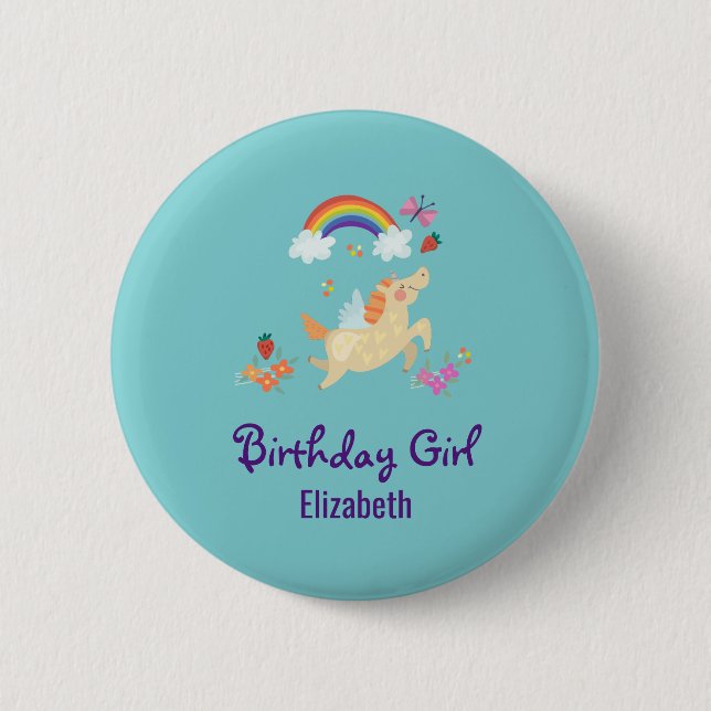 Happy Unicorn with Rainbow Clouds Birthday Girl Pinback Button (Front)