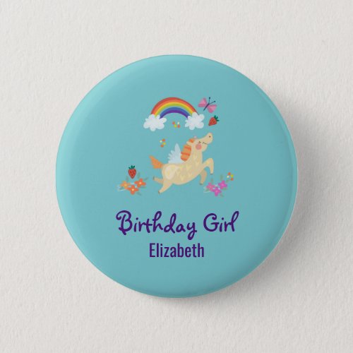 Happy Unicorn with Rainbow Clouds Birthday Girl Pinback Button