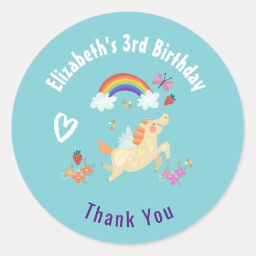 Happy Unicorn with Rainbow Clouds Birthday Thanks Classic Round Sticker
