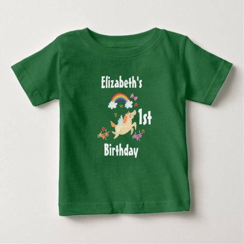 Happy Unicorn with Rainbow Clouds First Birthday Baby T_Shirt