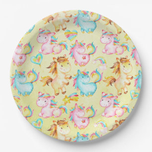 Happy Unicorns Pattern-Unicorn Love in Yellow Paper Plates