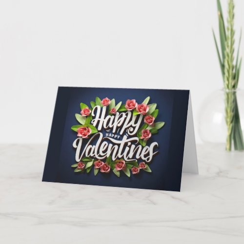 Happy Valentine card navy love card flowers 