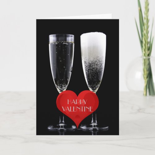 Happy Valentine Champagne Flute Glasses Red Heart Holiday Card