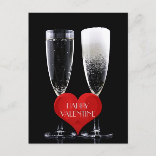 Happy Valentine Champagne Flute Glasses Red Heart Holiday Postcard
