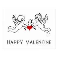 Happy Valentine Cherubs Cupid Couple Red Heart Postcard