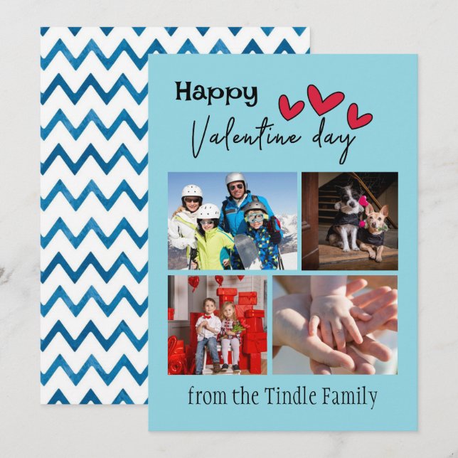 Happy Valentine Day Blue Chevron 4 Photo Valentine Note Card (Front/Back)
