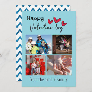 Happy Valentine Day Blue Chevron 4 Photo Valentine Note Card