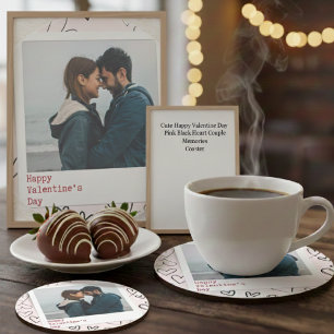 Happy Valentine Day Pink Black Heart Couple Photo Coaster