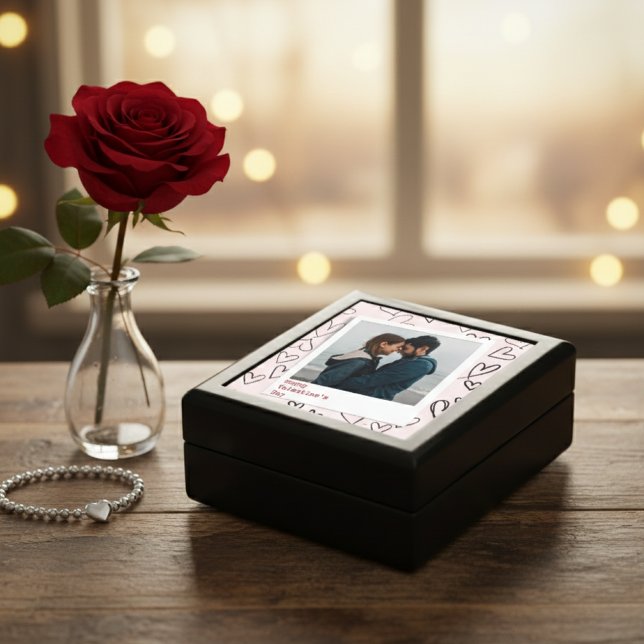 Happy Valentine Day Pink Black Heart Couple Photo  Gift Box (Creator Uploaded)