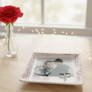 Happy Valentine Day Pink Black Heart Couple Photo  Trinket Tray