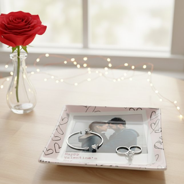Happy Valentine Day Pink Black Heart Couple Photo  Trinket Tray (Creator Uploaded)