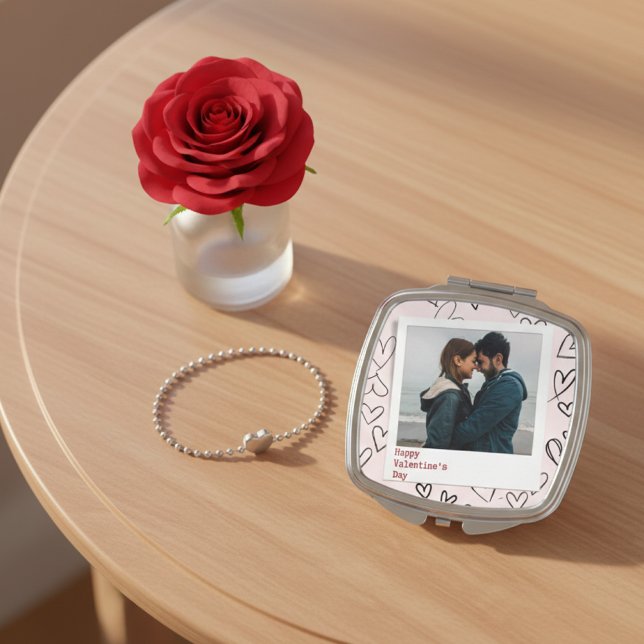 Happy Valentine Day Pink Pattern Black Heart Coupl Compact Mirror (Creator Uploaded)