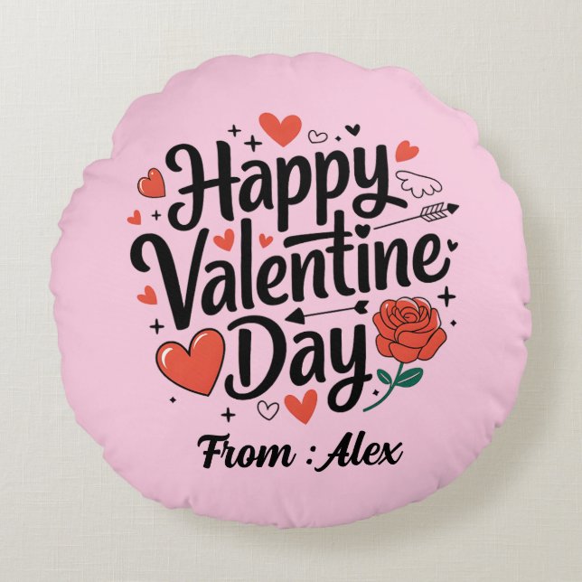 Happy Valentine day romantic rose heart on white Round Pillow (Front)