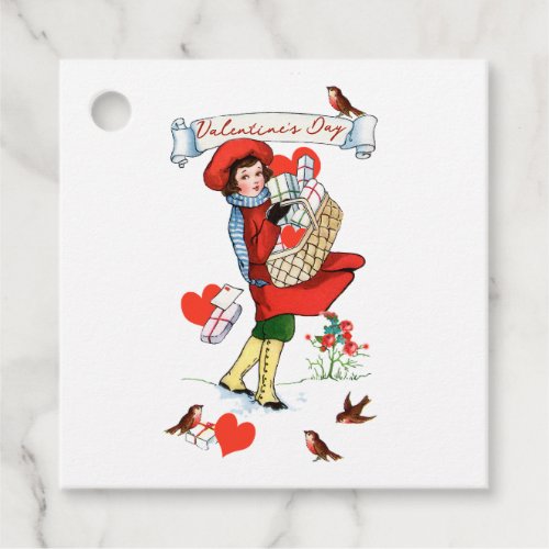 Happy Valentine Girl and Birds Vintage Gift Tag