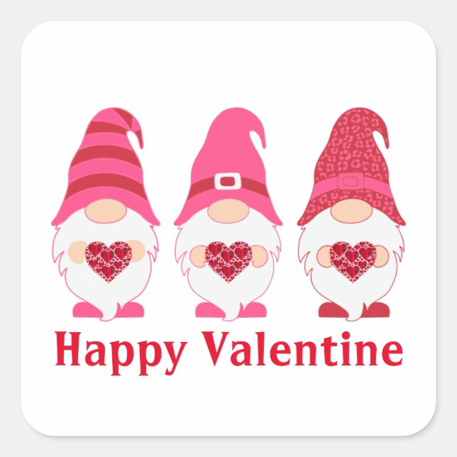 Happy Valentine Gnomes Hearts Square Sticker (Front)