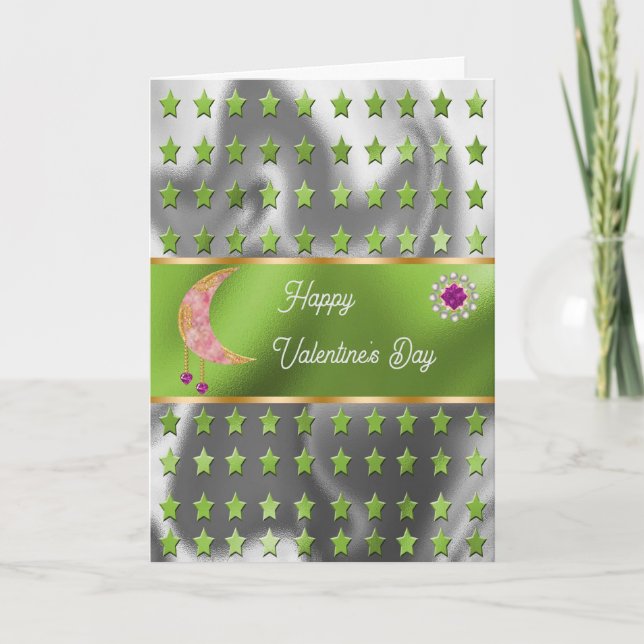 Happy Valentine Pink Moon Jewels & Stars Card (Front)