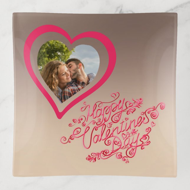 Happy Valentine’s day calligraphy Heart photo Trinket Tray (Front)