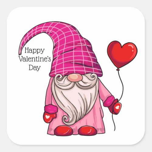 Happy Valentines Day Pink Gnome heart Balloon  Sq Square Sticker