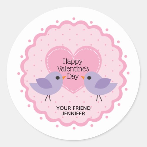 Happy Valentines Day Pink Heart with Birds Classic Round Sticker