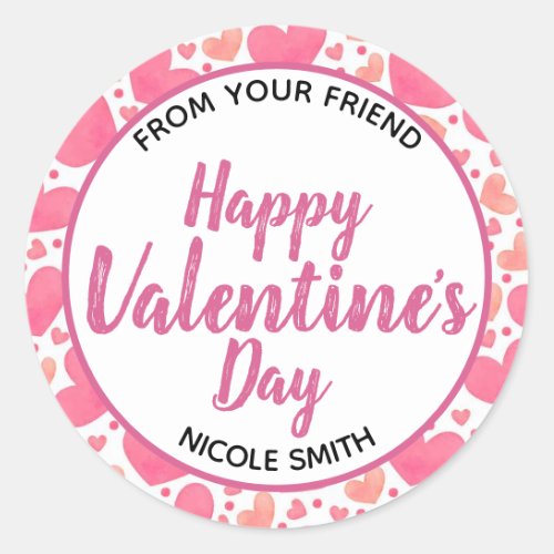 Happy Valentines Day Pink Hearts From Your Friend Classic Round Sticker